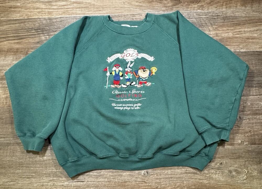 Vintage 90s Looney Tunes Golf Sweatshirt XL Bugs Bunny Taz ACME Embroidered